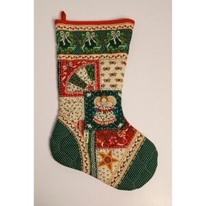 Handmade Vtg Quilted Stocking Patchwork  Christmas Holiday Gift Angel Wreaths